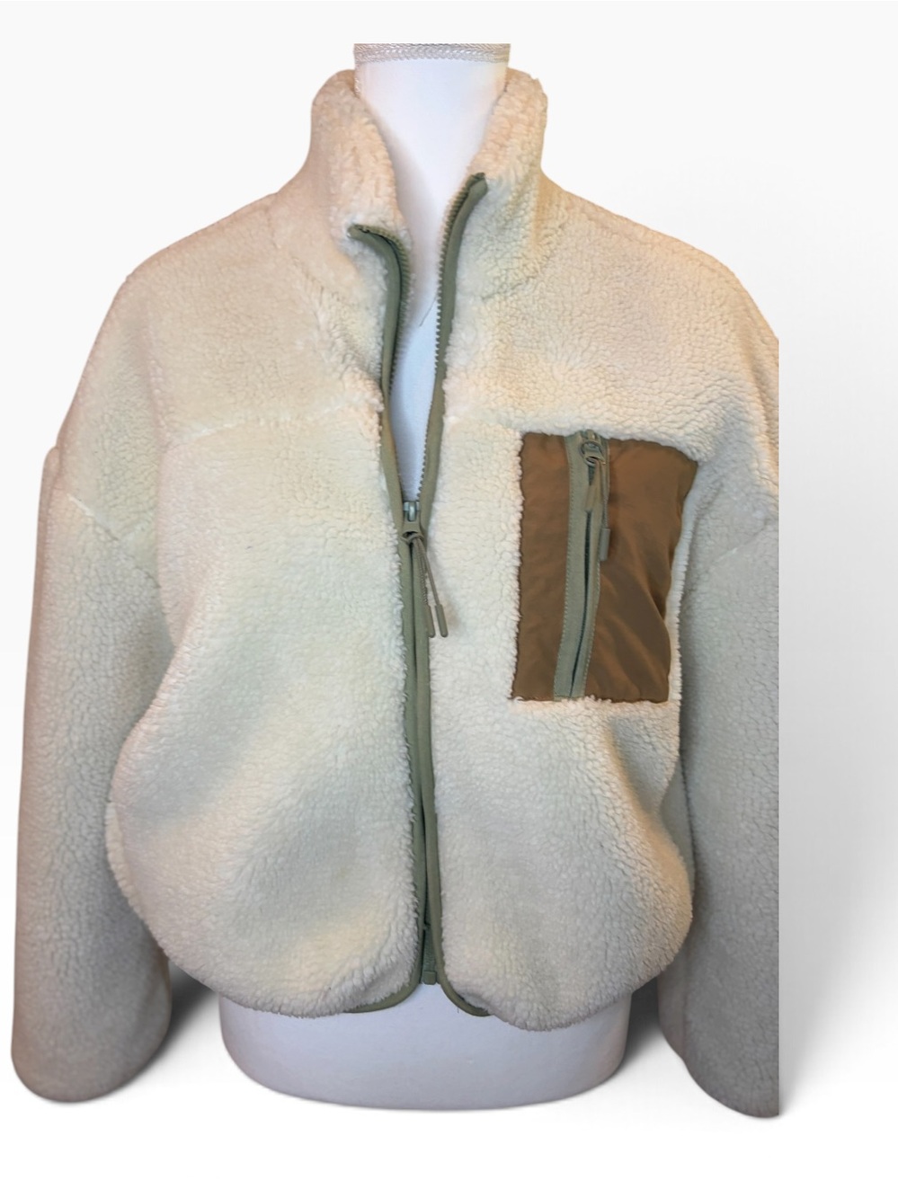 Coffee Shop New York Sherpa Fleece Jacket Large Cream Tan Full Zip NWOT